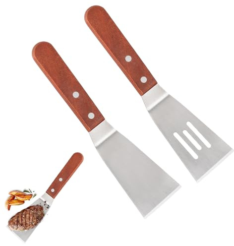 2 Stück Pfannenwender Edelstahl,Kleine Grillwender Pizza Spachtel mit Holzgriffen,Hitzebeständig Antihaft Glatte und Perforierte Pfannenwender,Kochspatel Grillschaber für Teppanyaki Burger Steak Pizza