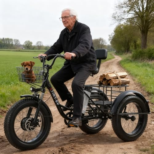 flatpincololee Tricycle Électrique pour Adultes 20x4.0 Fat Tire – 48V 12Ah Batterie Amovible, Moteur 350W, Cadre Bas, Grand Panier, Freins à Disque Doubles, Idéal pour Seniors et Routes Neigeuses
