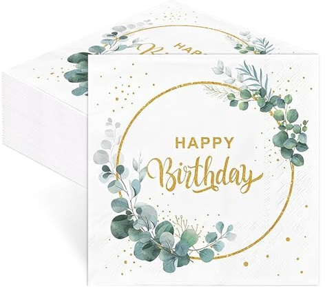 Ovanda 20 Stück Servietten Geburtstag Eukalyptus, Servietten Salbeigrün, Happy Birthday Serviettens, Servietten Eukalyptus Grün, Geburtstags Serviettens, Eucalyptus Grün Taufe Deko für Frau Mann