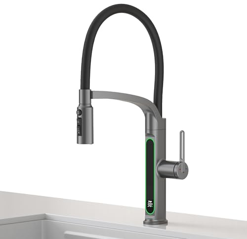 Wasserhahn Küche mit LED Temperaturanzeige, Herunterziehen Brause Drehung Küchenarmatur Spülarmaturen Küche (Gunmetal Grau)