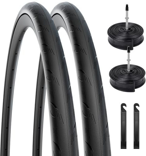 Lot de Pneus de Vélo 700x25C/25-622, Pneus de Vélo de Route Pliables Anti-Crevaison, avec 2 Chambres à Air, Valve Presta et Démonte-Pneus pour Vélo de Route