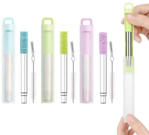 Reusable Straws 3 Pack Stainless Steel Straws with Silicone Tip Reusable Metal Straws Portable Collapsible Straws with Cleaning Brush and Key Ring Case, Drinking Straws for Travel Home Office