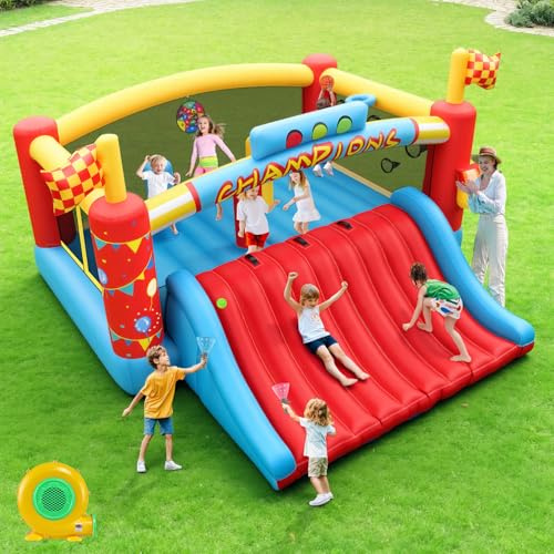 AKEYDIY Große Hüpfburg für Kinder - Aufblasbare Rutsche mit Kletterwand und Basketball - Rennthema Spielcenter für Garten - Komplettset mit Gebläse (XL Hüpfburg)
