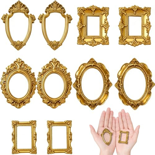 Set de 10 Mini Marcos de Fotos Vintage – 5 Diseños Dorados – Marcos Decorativos Pequeños para DIY, Decoración del Hogar, Expositor de Joyas, Atrezzo Fotográfico
