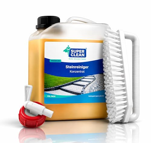 SUPER CLEAN Stone Cleaner Concentrate 2 L + Handle Brush - for Patio, Concrete, Natural Stone & Paving Slabs - Outdoor Cleaner Against Green Growth, Dirt & Deposits - Economical for up to 200 m²