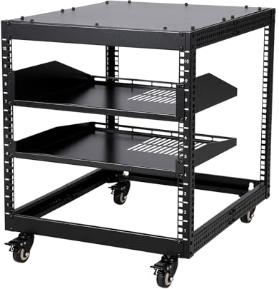 Aptliton 10U Open Frame Server Rack 19 Inch, Adjustable Depth 58.5-101.6cm Network Cabinet, Wall Mount Data Cabinet with 2 Shelves & Casters, Heavy Duty AV Rack for Home Lab, Black
