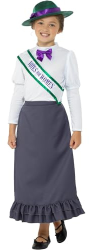 Smiffys Victorian Suffragette Costume, Grey with Skirt, Attached Blouse, Sash & Hat, Girls Fancy Dress, Child Dress Up Costumes