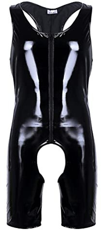 iEFiEL Herren Lackleder Overalls Wetlook Dessous Unterhemd Fitness Body Ouvert-Panties Trikot Bodysuit Ringershirt Schwarz Clubwear Schwarz XL
