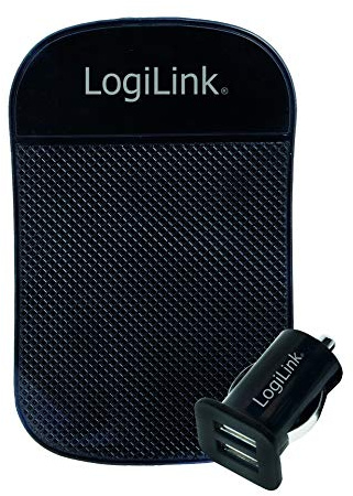 LogiLink PA0204 - KFZ USB Netzteil mit 2X USB-Ports (Max. 5V/2.1A - 10.5W) zum Aufladen von Z.B. Smartphones, Tablets, Dashcams, GPS, etc. mit Micro-USB oder USB-C Anschluss - inkl. Antirutschmatte