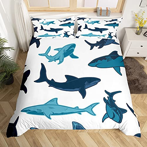 Loussiesd Kinder Bettwäsche Set Tier Hai Muster Meereslebewesen Microfaser Bettbezug Set für Jungen Mädchen Weich Atmungsaktiv Betten Set inkl.1 Bettbezug 135x200 cm und 1 Kissenbezüge 80x80 cm