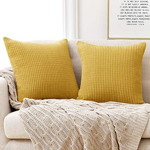 Deconovo Kissenbezüge Dekorative Kissenbezug Kordsamt Sofakissen Kissenhülle Dekokissen Couchkissen Kissenhüllen mit Verstecktem Reißverschluss für Sofa Couch Wohnzimmer, 60x60 cm, Senfgelb, 2er Set