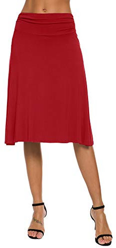 EXCHIC Damen Sommer Hohe Taille A-Linie Knielang Rock Elegant Elastisch Midi Yoga Röcke (M, Rot)