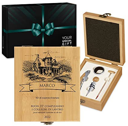 Maverton Set Cavatappi da Vino - Kit da Sommelier Degustazione Perfetta Personalizzato - Scatola in Legno di bambù + 4 Pezzi di Accessori Vino - Regalo Uomo - Il Kit