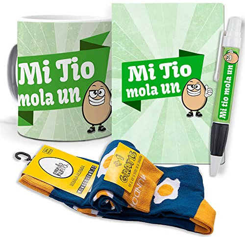 mundohuevo Super Regalo Personalizado para Tios. Mi tio Mola un Huevo. Taza, libreta, boli y Trio de Calcetines
