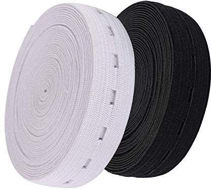 WedDecor Elastic Bands with Buttonhole 5.5 Yard Stretchable Button Extender for Trouser Waistbands, Maternity Clothes, Sewing, Knitting, Button Extenders, Pack of 2 (White and Black, 25mm in Width)