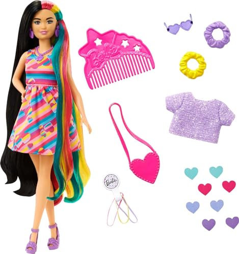 Barbie Poupée Ultra Chevelure Thème Cœurs, Mince, 21,6 cm, avec Cheveux Fantaisie, Robe, 15 Accessoires de Coiffure et de Mode (8 avec Changement de Couleur) ; pour Enfants à partir de 3 Ans, HCM90