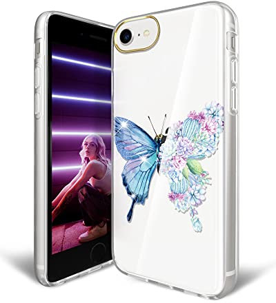 Jaholan iPhone SE 2022/2020/8/7/6S/6 Coque de Protection TPU Gel Souple - Étui Léger Butterfly Cactus Purple