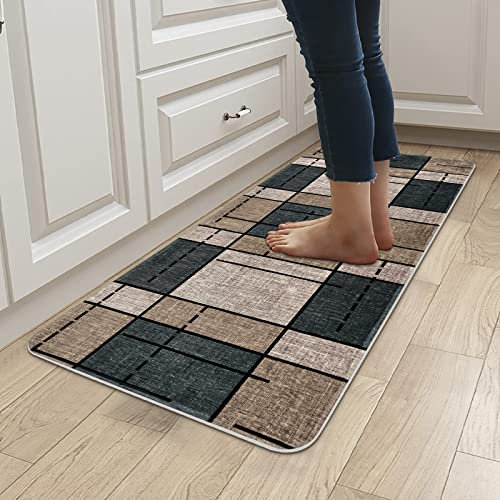 Yugarlibi Teppich Läufer Flur rutschfest Waschbar Modern Küchenläufer Dauerhaft Weich Schmutzabweisend Flurläufer für Wohnzimmer Schlafzimmer Innen Outdoor Korridor 60x150cm Hellbraun Kariert