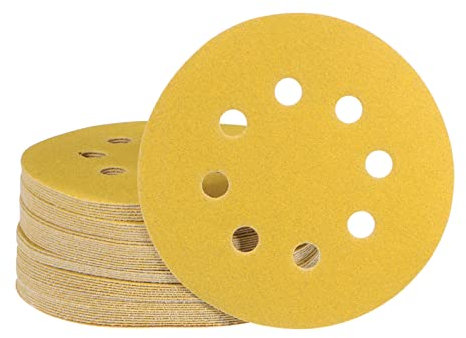 sourcing map 50pcs Gold Sanding Discs 5 Inch 150 Grits Hook and Loop Sandpapers 8 Holes Aluminum Oxide Abrasive Orbital Sanding Pads for Automobile Metal Woodworking