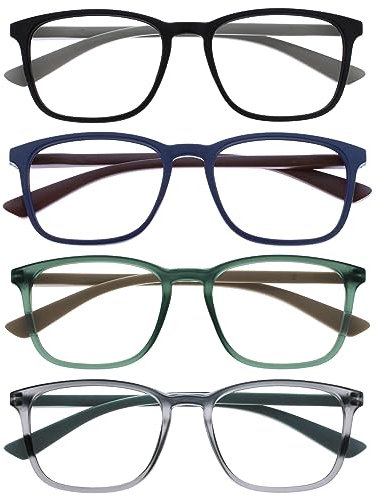 OPULIZE Max Lesebrille 4 Pack - Klassische große rechteckige Fassung - Brillen in mattem Schwarz, Blau, Grün & Grau - Herren Damen Unisex - RRRR78-1367 - +1,00
