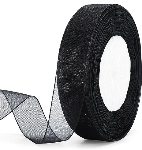 jijAcraft 20mm Transparent Organzaband Schwarz: Chiffonband für Geschenk 45m Schmal Tüllband für Schleife Transparent Geschenkband für Blumen Basteln, Weihnachtsbaum