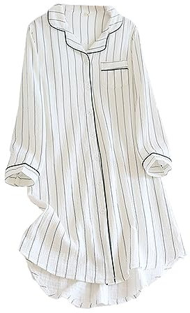 RUHANE Chemises de Nuit en Coton pour Femmes, Boutons Manches Longues Haut Robe Kimono Ample fie Vêtements de Nuit pour Femmes avec Poches,Blanc,XL
