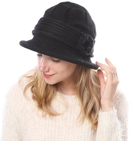 Huakunda Damen Strickmützen Gefüttert Winterhut Warm Vintage Floral Knit Beaniemütze Elegant Frauen Bucket Hüte für 55-60 cm (Schwarz)