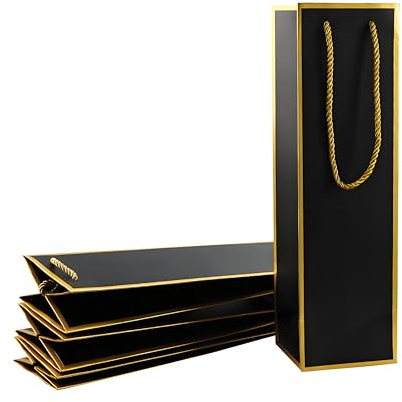 Miraclekoo Wein-Geschenktüte für Weinflaschen, Luxus-Weinbeutel, 10,2 x 10,2 x 35,1 cm, Whiskey-/Likör-Weinflaschen-Beutel für Geschenke, Goldfolie, schwarze Weinbeutel mit Griffen, 4 Stück