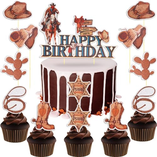 Huaxintoys 13 Stück Cowboy Tortendeko Geburtstag, Happy Birthday Tortendeko, Western Tortenaufleger, Western Kuchen Topper mit Cowboy-Elemente Geburtstag Dekoration