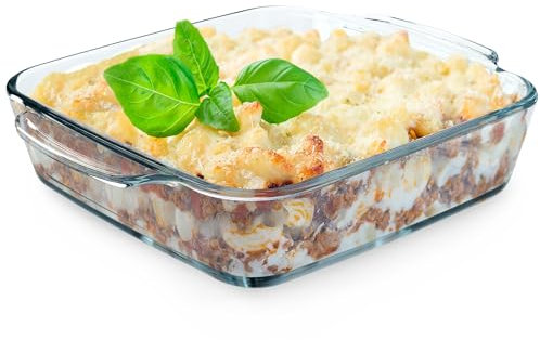 Auflaufform aus hitzebeständigem Glas, feuerfestes Gefäß, Glasbräter mit Deckel und Griffe, Geschirr zum Braten, Backofen, Elektroherd, für Lasagne, Fleisch, transparent