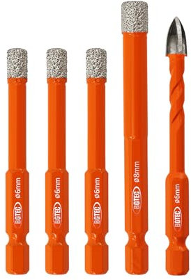 BGTEC Foret Diamant Sec - Foret pour Carrelage 6/6/6/8mm avec Tige Hexagonale à Changement Rapide et Foret en Carbure de 6mm pour le Granit, Marbre, Porcelaine et Céramique,5pcs