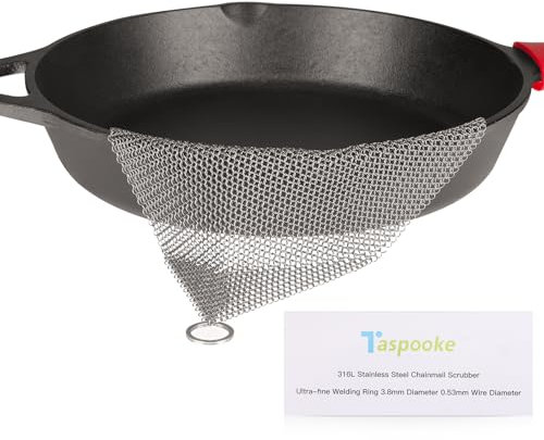 Cast Iron Scrubber, 316L Stainless Steel Fine Mesh Scraper, Upgraded 3.8mm Chainmail Scrubber, for Pre-Seasoned Pot Dutch Oven Waffle Maker Cast Iron Skillet Pan Glass Container (4''x4'')