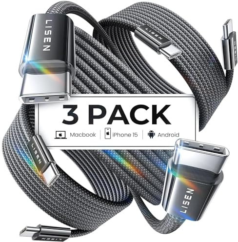 LISEN Cavo USB C to USB C [3 Pezzi-2M]：60W Cavo USB Tipo C PD 3A Ricarica Rapida Nylon Intrecciato Cavo Adattabile per iPhone 17 Type C to Type C Filo Caricatore per iPhone 16 Samsung Galaxy S25 iPad
