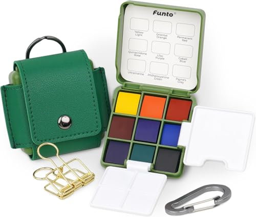 Funto Pocket Watercolor Set, Travel Artist Outdoor Sketch Watercolor Kits mit 2 klappbaren Wasserfarbpaletten, tragbarem Lederetui und Metallclip