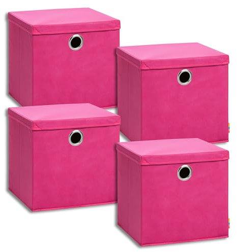 Storanda | 4er Set Aufbewahrungsbox 34x34x33 cm mit Deckel | Extra Große Griffe | Stabil & Faltbar | Regalbox für Würfelregal | Ideal für Zuhause & Kinderzimmer | Pink