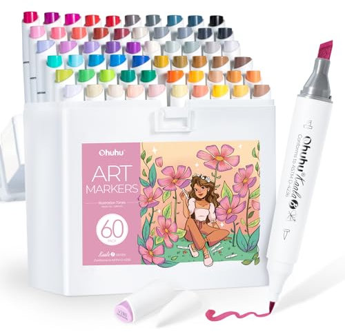 Ohuhu Alcohol Markers, 60 +1 Colours Brush & Slim Broad Dual Tips Seamless Blending Refillable Ink Permanent Art Markers for Artists Adults Colouring Calligraphy Drawing Illustration - Kaala B Serie