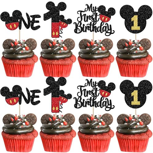 Xsstarmi 24 Pack My 1st Birthday Mouse Inspired Cupcake Toppers, Black and Red Mini One Cupcake Picks Decorations for Baby Shower Kids First Birthday Party Cake Decorations