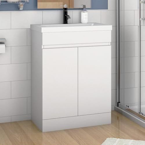 Acezanble 500mm Bathroom Vanity Unit With Wash Basin Ceramic Sink, 2 Double Door, High Gloss White, Floorstanding Cabinets, Cloakroom Storage Furniture Under Basin Cabinet