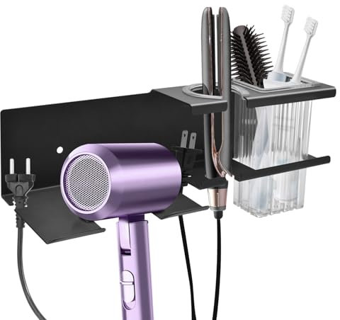 JNUYISW Föhn Halterung, Fönhalter Ohne Bohren Aluminium Föhnhalter Wand für Haartrockner Glätteisen Selbstklebend Fönhalterung mit Kabelhalter und Ablagefach Haartrocknerhalter für Bad Barbershop