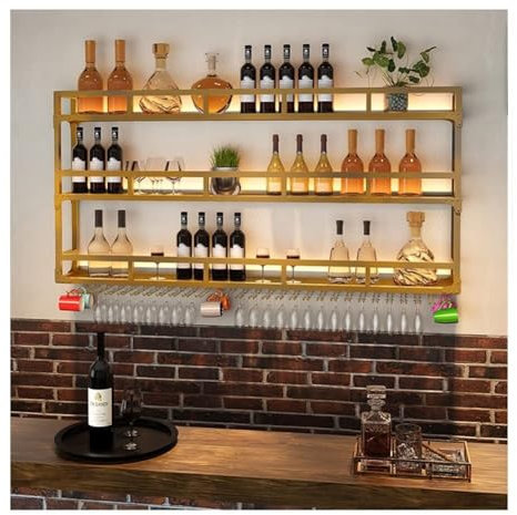 Moderno scaffale sospeso in metallo da parete a LED, portabottiglie e porta bicchieri (nero, 120 x 25 x 90 cm)