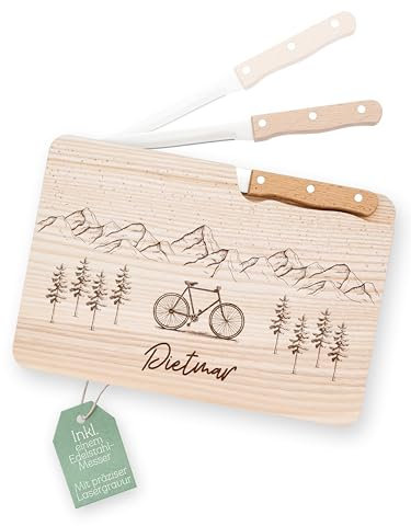 Abenteuernah Brett mit Messer personalisiert, Fahrrad Geschenk, Geschenke für Männer, Messerbrett, Gift for him, Home gift, ideales Geburtstagsgeschenk für Papa Opa Onkel (Fahrrad Berge mit Name)