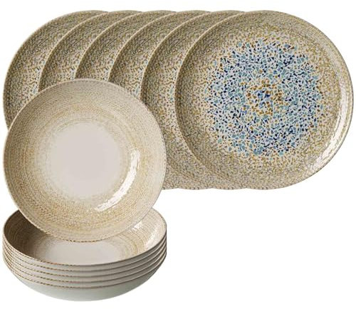 Ritzenhoff & Breker Rimini Tafelservice für 6 Personen, 12-teiliges Speise- und Suppenteller-Set mit leichtem Relief, Geschirr-Set mit mediterranem Flair, Spülmaschinenfest, Steinzeug, Mosaik Sand