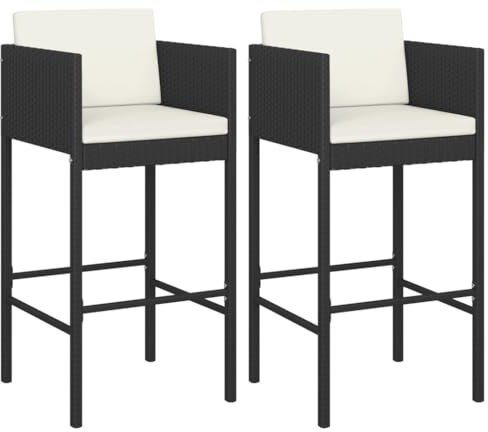 Eleganz 2 Barhocker mit Kissen aus Poly Rattan & pulverbeschichtetem Stahl - Langlebiges Gartensitzmöbel für Terrasse & Garten