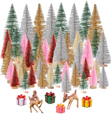 45 Stück Flaschenbürste Bäume Weihnachten Mit Hirschen Und Geschenken Bastelornamente Kleiner Mini-Desktop Dekoration Weihnachtstischdekoration Holzsockel Geeignet Für Weihnachten DIY Bastelparty