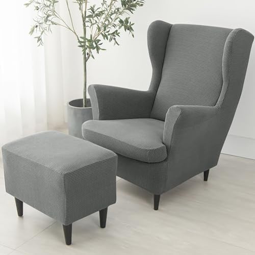 Generisch 3 Teilig Ohrensessel Überzug Mit Ottomane Schonbezug, Sesselbezug Stretch + Polsterhocker, Sessel-Überwürfe Sesselhusse, Stuhlbezug Universal rutschfest Abnehmbarer,Dark Gray