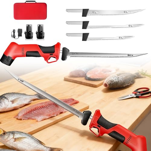 12V kabelloses elektrisches Fischfiletiermesser,kabelloses elektrisches Fischfiletiermesser-Set: 4 Klingen,2 Batterien, Aufbewahrungskoffer | Anti-Rutsch-Sicherheitsschloss-Design,geeignet für Zuhause