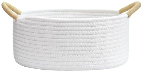 Dermalyx Weißer Geflochtener Baumwollkorb Oval, Kleiner Aufbewahrungskorb Mit Henkel, Faltbarer Dekorationskorb Für Babyspielzeug, Katzen- Und Hundespielzeug, 30x20x13cm