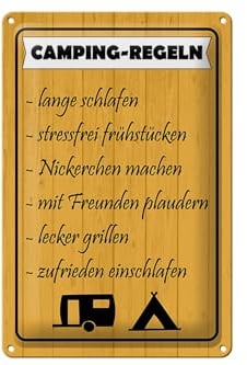 Femer Blechschild Camping 20x30 cm Regeln Lange schlafen stressfrei Deko Schild