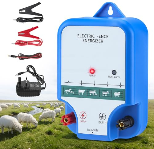 12V Electric Fence Energiser, 2J Output & 10km Range, High Voltage Pulse Controller for Livestock, Horses & Sheep-Waterproof Fence Charger with Tester Insulators & Leads for 12V Battery/AC/Solar Power