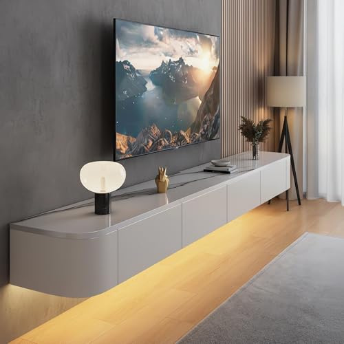 Moderner schwebender TV-Schrank Tv Cabinet for Living Room mit Schublade zur Aufbewahrung Holz Tv Lowboard Hängend Geeignet für Wohnzimmer oder Schlafzimmer (Schiefer Weiß(mit LED), 140cm/55in)